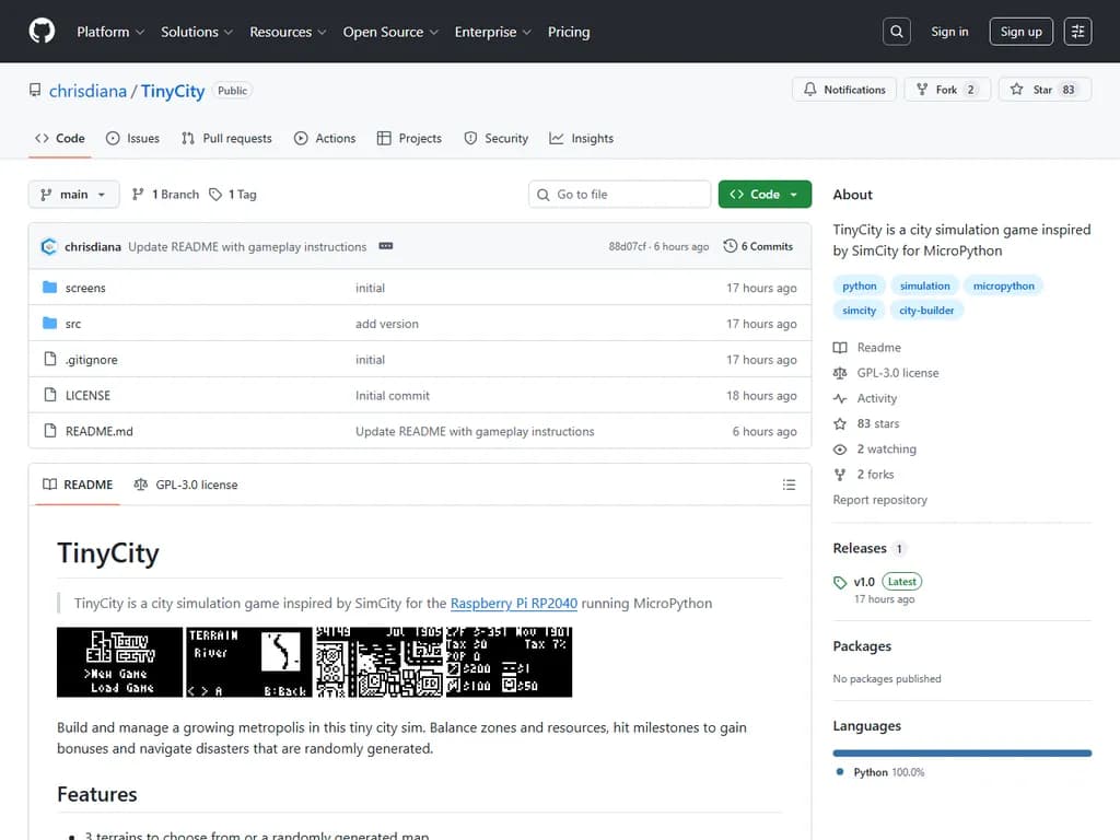 **Show HN:** *TinyCity – A tiny city SIM for MicroPython (Thumby micro console)*  

**翻訳：**  
「Show HN: TinyCity ― MicroPython（Thumby マイクロコンソール）用の小さな都市シミュレーション」