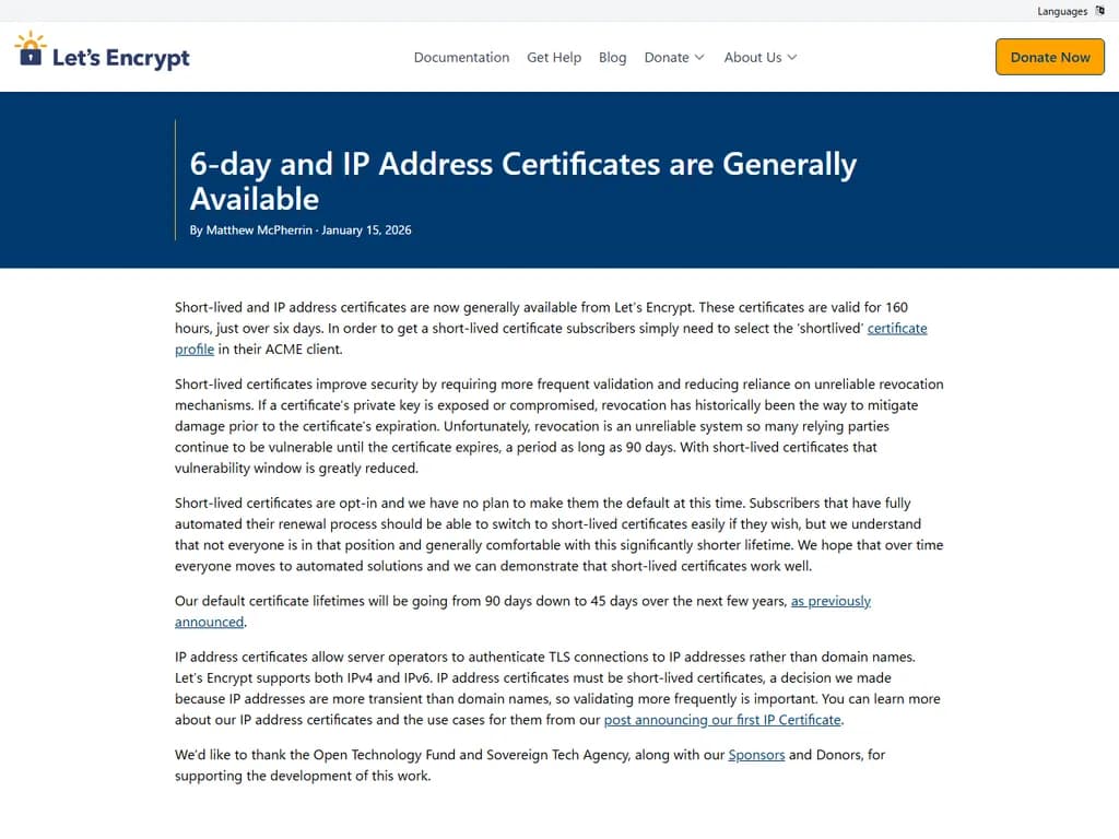 6日間およびIPアドレス証明書は一般的に入手可能です