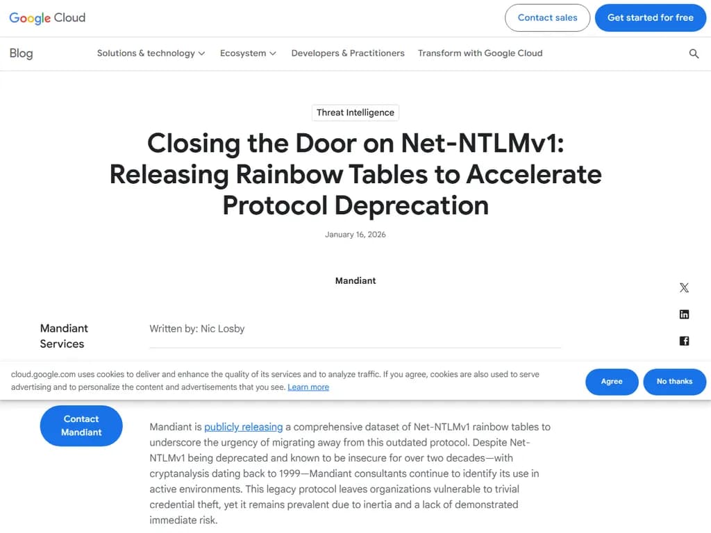 **Net‑NTLMv1 プロトコル廃止を加速するためのレインボーテーブル公開**