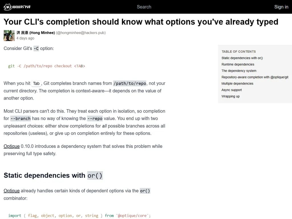 CLI の補完機能は、既に入力されたオプションを認識できるようになっているべきです。