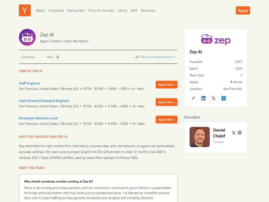 Zep AI（エージェント・コンテキスト・エンジニアリング、YC W24）はフォワードデプロイド・エンジニアを募集しています。