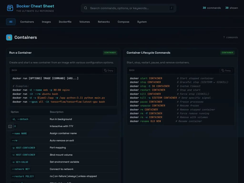 **Docker コマンド チートシート**

| カテゴリ | コマンド | 説明 |
|----------|---------|------|
| **基本操作** | `docker run [OPTIONS] IMAGE[:TAG|@DIGEST] [COMMAND]` | イメージからコンテナを起動します |
|  | `docker ps [OPTIONS]` | 実行中のコンテナ一覧を表示 |
|  | `docker ps -a [OPTIONS]` | 停止済みも含めた全コンテナ一覧を表示 |
|  | `docker stop CONTAINER [CONTAINER...]` | 一つまたは複数の実行中コンテナを停止 |
|  | `docker rm CONTAINER [CONTAINER...]` | 一つまたは複数の停止済みコンテナを削除 |
| **イメージ管理** | `docker pull IMAGE[:TAG]` | レジストリからイメージを取得 |
|  | `docker build -t NAME[:TAG] PATH` | Dockerfile からイメージをビルド |
|  | `docker images [OPTIONS]` | ローカルのイメージ一覧を表示 |
|  | `docker rmi IMAGE [IMAGE...]` | 一つまたは複数のイメージを削除 |
| **コンテナ検査** | `docker inspect CONTAINER` | コンテナに関する低レベル情報を取得 |
|  | `docker logs CONTAINER` | コンテナのログを表示 |
|  | `docker exec -it CONTAINER COMMAND` | 実行中コンテナ内でコマンドを実行 |
| **ネットワーク** | `docker network ls` | 全てのネットワーク一覧を表示 |
|  | `docker network create NAME [OPTIONS]` | 新しいネットワークを作成 |
|  | `docker network inspect NETWORK` | ネットワーク詳細を確認 |
|  | `docker network rm NETWORK` | ネットワークを削除 |
| **ボリューム** | `docker volume ls` | ボリューム一覧を表示 |
|  | `docker volume create VOLUME_NAME` | 名前付きボリュームを作成 |
|  | `docker volume inspect VOLUME` | ボリューム詳細を確認 |
|  | `docker volume rm VOLUME` | ボリュームを削除 |
| **システムクリーンアップ** | `docker system prune [OPTIONS]` | 未使用データ（コンテナ、イメージ、ネットワーク、ボリューム）を整理 |
|  | `docker builder prune` | ビルドキャッシュを削除 |
| **Docker Compose** | `docker compose up [--build] [-d]` | コンテナのビルド・再作成・起動・アタッチ |
|  | `docker compose down` | コンテナ、ネットワーク、イメージ、ボリュームを停止・削除 |
|  | `docker compose ps` | サービス一覧を表示 |
| **セキュリティ & アクセス** | `docker login [OPTIONS]` | Docker レジストリにログイン |
|  | `docker logout [SERVER]` | レジストリからログアウト |

> **ヒント**
> - `ps` に `-a` を付けると、実行中だけでなく停止済みも含めた全コンテナを表示できます。  
> - `stop` と `rm` を一度に実行したい場合は、`docker rm -f CONTAINER` が便利です。  
> - Docker がユーザーグループに入っていない環境では、コマンドの前に `sudo` を付けてください。

使用頻度の高いコマンドを追加・削除して、ご自身用に最適化してください！