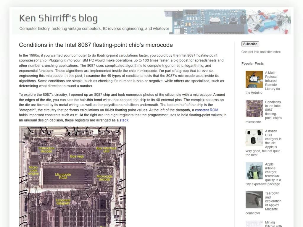 **Intel 8087 浮動小数点チップマイクロコードの条件**

- **オペランド取得**
  - ソースオペランドは浮動小数点スタック（ST(0)–ST(7)）から取得されます。
  - 宛先オペランドは常に ST(0) です。

- **スタック管理**
  - スタックポインタ（TOP）は各命令実行後に更新されます。
  - アンダーフロー／オーバーフローが発生するとスタック障害を引き起こします。

- **精度と丸め**
  - 演算は現在の精度設定（24‑, 32‑または 64‑ビット）で行われます。
  - 結果の丸めは有効な丸めモード（最も近い値へ、ゼロ方向など）に従います。

- **ステータスフラグ**
  - 条件コードレジスタ（CCR）は例外フラグを更新します：
    - *無効演算*、*非正規化オペランド*、*ゼロ除算*、*オーバーフロー*、*アンダーフロー*、*不正確結果*。
  - 符号フラグとゼロフラグは ST(0) の符号／ゼロに応じて設定されます。

- **例外処理**
  - 例外は MXCSR レジスタでマスクまたはアンマスクされます。
  - アンマスクされた例外はホスト CPU に割り込みを送ります。

- **命令シーケンス**
  - マイクロコードのシーケンスは正しいオペランド順序（例えば `ADD` は ST(0) を宛先に使用）を保証します。
  - 一部の命令では実行前にオペランドを二サイクルでフェッチする必要があります。

- **レイテンシとパイプライン**
  - 実行レイテンシは演算種別によって異なります：
    - *算術*（約10 µs）、*平方根*（約20 µs）、*逆数*（約15 µs）。
  - マイクロコードパイプラインはオペランドフェッチ中に次の命令をプリフェッチできます。

- **互換性モード**
  - レガシーモード：80‑ビット拡張精度を使用します。
  - 互換モード：以前の 8087 の動作を低精度でエミュレートします。

これらの条件は、8087 マイクロコードが浮動小数点演算を処理し、スタック状態を管理し、例外を扱い、ホスト CPU と相互作用する方法を規定しています。