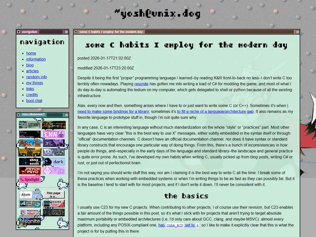 **現代のプログラミングで実践しているC++習慣**

1. **説明的な変数名を使う**  
   - 単一文字の識別子は避け、意図が伝わる名前を選ぶ。

2. **不変データには `const` と `static const` を優先する**  
   - 変更されないことを保証し、コンパイラ最適化を促進する。

3. **RAII（Resource Acquisition Is Initialization）パターンを採用する**  
   - リソースの取得と解放をオブジェクトに閉じ込めることでリークを防止。

4. **必要に応じてヘッダーオンリ―ライブラリを利用する**  
   - コンパイル依存性が減り、ビルド時間が短縮される。

5. **型推論には `auto` を使う**  
   - 複雑なイテレータ型を簡潔にしつつ可読性を保つ。

6. **モダンなコンテナ初期化子を活用する**  
   - `std::vector<int> v{1, 2, 3};` は手動の `push_back` よりも明確で簡潔。

7. **Catch2 や Google Test のようなフレームワークで単体テストを書く**  
   - コードの正しさを保証し、リファクタリングを容易にする。

8. **関数は短く、目的を絞る**  
   - 単一責任原則を目指すことで保守性が向上する。

9. **Doxygen コメントでドキュメント化する**  
   - クリーンで検索可能な API ドキュメントを自動生成できる。

10. **最適化はプロファイル後に行う**  
    - ホットスポットを測定し、実際のパフォーマンスボトルネックに対処する。