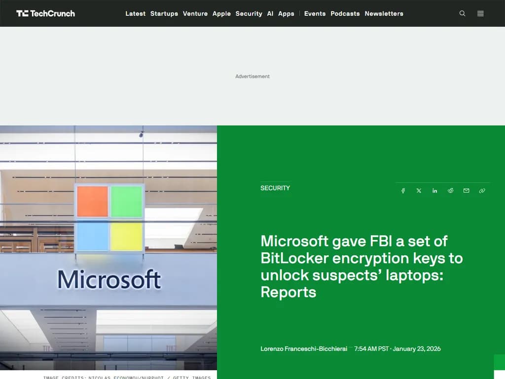 マイクロソフトは、FBIに対し容疑者のノートパソコンを解錠するためのBitLocker暗号化キーを提供しました。