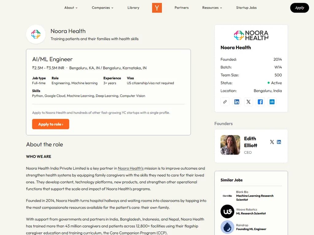 **求人情報：**  
Noora Health（YC W14）は **AI／ML エンジニア** を募集しています。