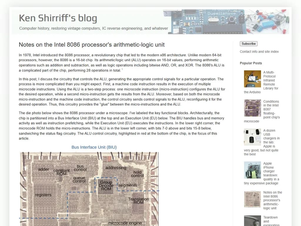 **Intel 8086プロセッサ – 算術論理演算装置（ALU）**

- **機能性**  
  - 加減乗除などすべての算術演算を実行します。乗算は外部乗算ユニット、除算は外部回路で処理されます。  
  - AND・OR・XOR・NOT といった論理演算も可能です。  
  - データレジスタやメモリオペランドに対してシフト／ローテート命令を扱います。

- **関与するレジスタ**  
  - 一般目的16ビットレジスタ（AX、BX、CX、DX）が ALU 操作の主なオペランドです。  
  - 演算結果はフラグレジスタに反映されます：  
    - CF – キャリーフラグ  
    - PF – パリティフラグ  
    - AF – 補助キャリーフラグ  
    - ZF – ゼロフラグ  
    - SF – シグニフィアフラグ（符号）  
    - OF – オーバーフローフラグ  

- **命令実行**  
  - 命令はインストラクションデコーダで解読され、ALUへ送られます。  
  - 大半の算術／論理命令は1クロック周期で処理されます。  
  - 複数バイト演算（例：16ビット加算）では結果を目的レジスタまたはメモリに戻します。

- **性能上の考慮点**  
  - パイプライン遅延が解消された後、8086 は1クロックあたり1命令ずつ ALU を実行できます。  
  - 乗算・除算など複雑な演算は外部回路を必要とし、複数周期で処理されます。

- **典型的な使用パターン**  
  - `ADD AX, BX` – BX を AX に加算し、フラグを更新。  
  - `AND CX, DX` – CX と DX の論理積。  
  - `SHL AL, 1` – AL を左に 1 ビットシフト（2 倍に相当）。

- **制限事項**  
  - 乗算・除算は内蔵されておらず、外部ユニットに依存します。  
  - 16ビット演算が基本で、8ビット操作やセグメントアドレッシング以外では拡張できません。