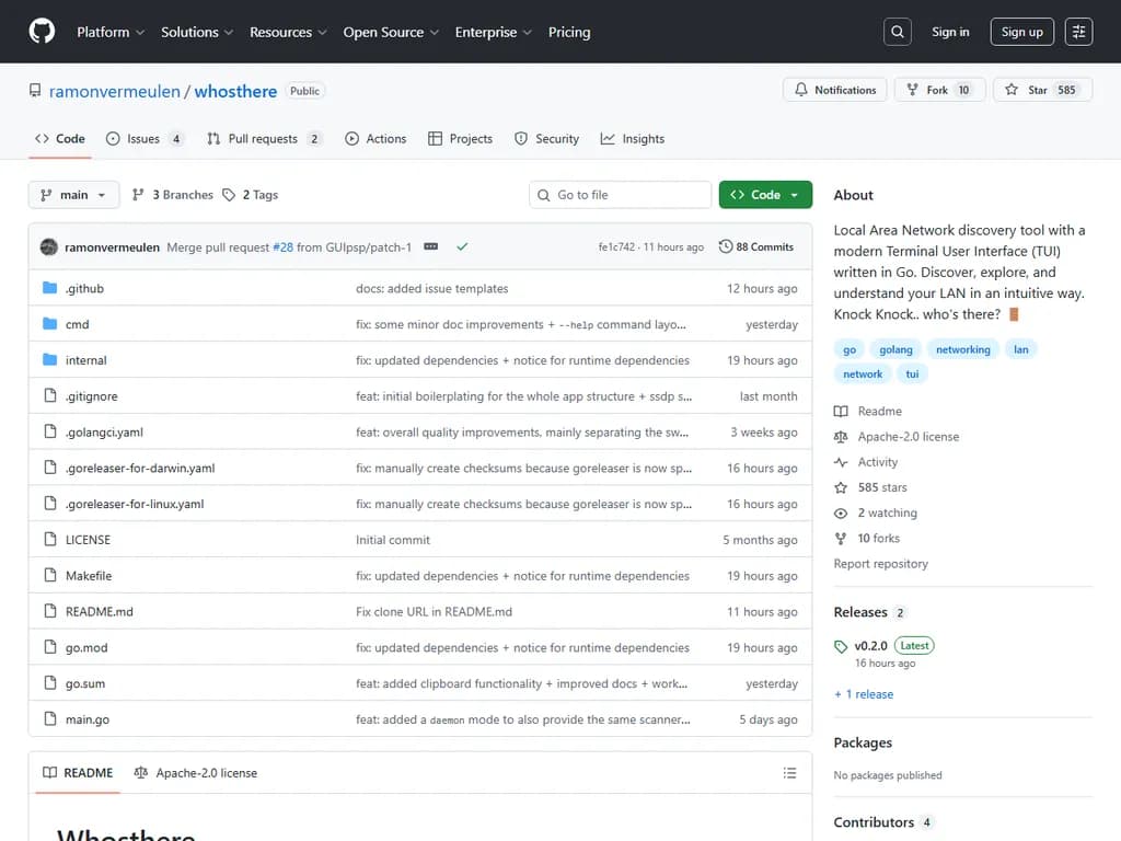 「Show HN：**Whosthere** ― モダンなテキストユーザーインターフェースを備えたLANディスカバリーツール（Goで実装）」