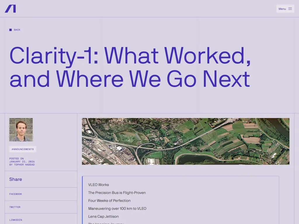 **ポストモーテム：**  
画像と飛行データの両方を含む、初の非常低軌道（VLEO）衛星ミッションが完了しました。