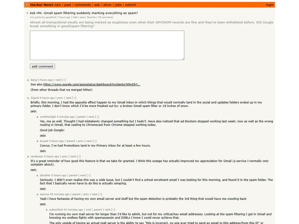 Ask HN: Gmail のスパムフィルターが突然すべてをスパム扱いにしてしまう？