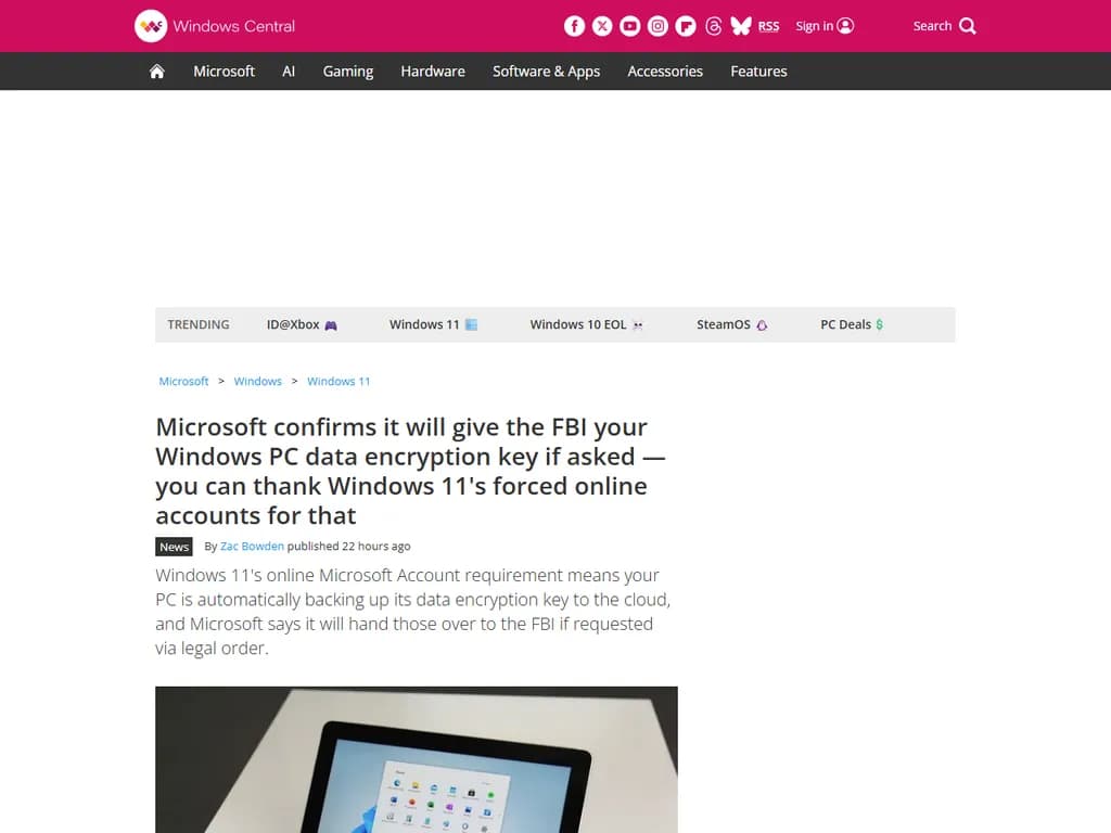 MS は、要請があればファイバー・ビジネス局（FBI）に対し、Windows PC のデータ暗号化キーを提供すると確認しています。