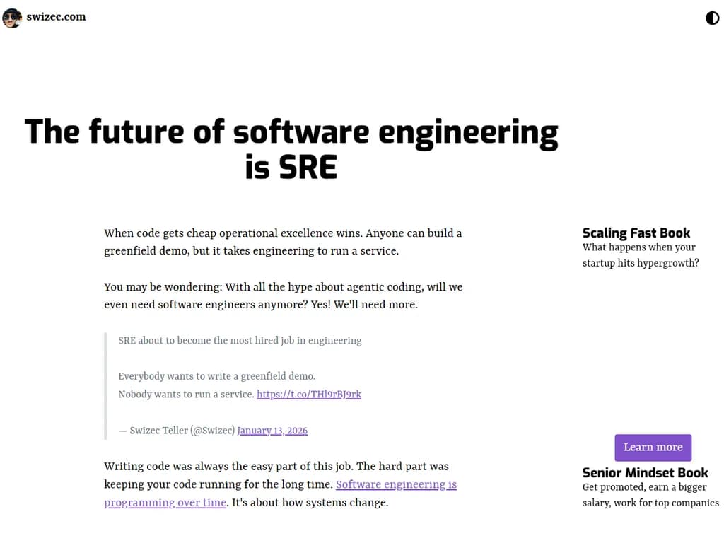 **ソフトウェアエンジニアリングの未来はSREです**

ソフトウェア信頼性工学（SRE）は、私たちがアプリケーションを構築・展開・保守する方法を再定義しています。運用を第一級の分野として位置づけることで、SRE チームは次のような成果を上げます。

- **明確なサービスレベル目標（SLO）** を設定し、技術的なゴールとビジネス成果を調整します。
- **監視とインシデント対応を自動化** して平均復旧時間（MTTR）を短縮します。
- **開発ライフサイクルに信頼性を組み込み**、バグを改善の機会へと変換します。

組織が安定性を犠牲にせず高速なデリバリーを求める中で、SRE は現代のソフトウェアエンジニアリング実践の礎となるでしょう。