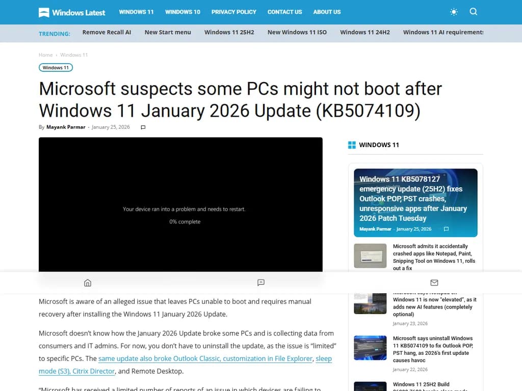 **Microsoft、Windows 11 2026年1月更新後に一部PCが起動しない可能性を懸念**

- ユーザーから、2026年1月に予定されている最新の Windows 11 更新をインストールした後に機械が起動できなくなるという報告が寄せられています。
- Microsoft は警告を発表し、影響を受けるハードウェア構成を特定するための診断作業に取り組んでいます。