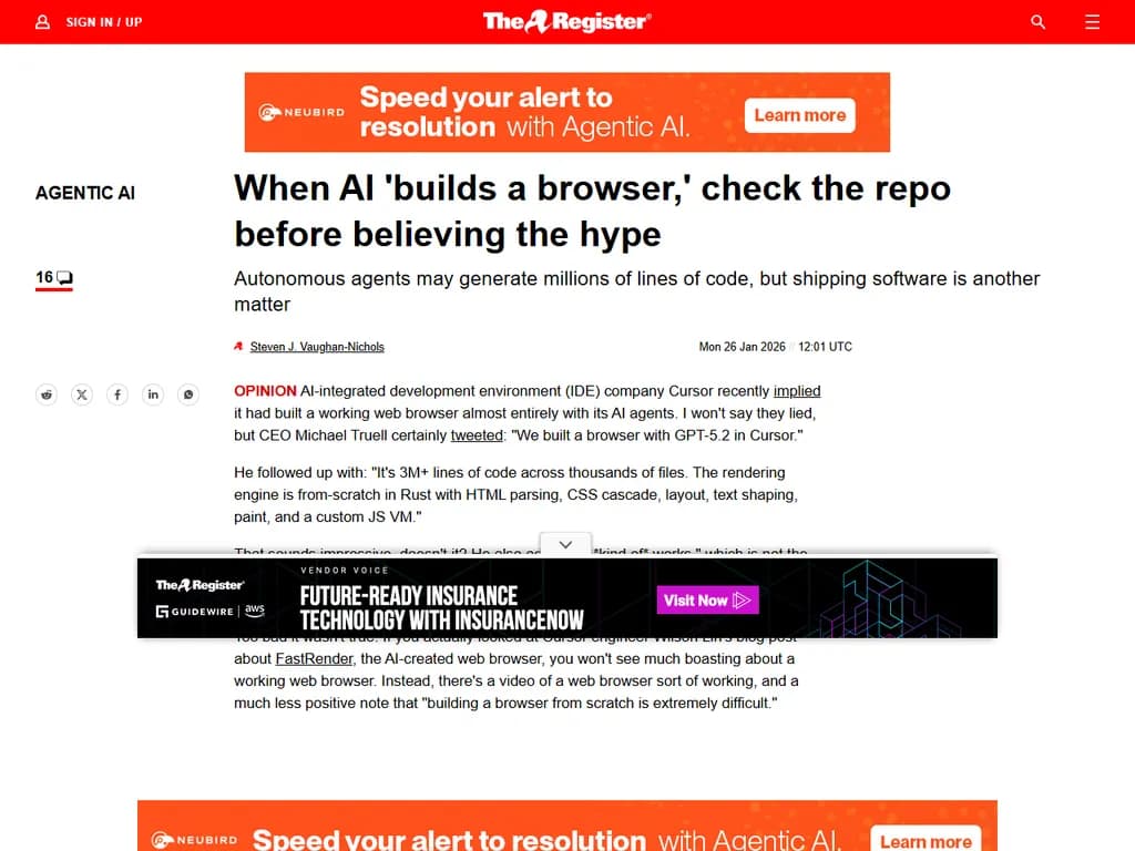 AI が「ブラウザ」を作ったと噂されても、熱狂に乗らずにまずはリポジトリを確認してみてください。