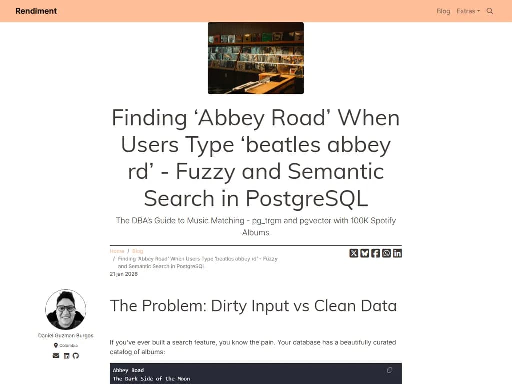 「Beatles abbey rd」と入力したときに「Abbey Road」を見つけるには、PostgreSQL でファジー／セマンティック検索を使用してください。