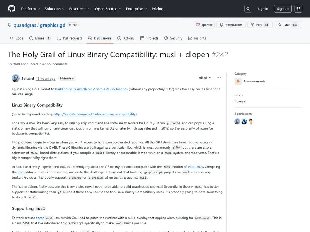 **Linux バイナリ互換性の聖杯：Musl と `dlopen`**

*概要  
  * Musl は軽量な C ライブラリで、静的リンクと小さなバイナリサイズを実現するよう設計されています。  
  * `dlopen` は実行時に共有ライブラリを動的ロードできる機能で、モジュール化されたアプリケーションを可能にします。

*主なメリット  
  * **バイナリサイズの削減** – 静的リンクされた Musl バイナリは多くの場合 < 5 MB です。  
  * **決定論的ビルド** – Musl の純粋 C 実装により、コンパイラ固有の不具合を回避できます。  
  * **動的柔軟性** – `dlopen` は再コンパイル不要でオプションのプラグインやドライバをロード可能です。

*一般的なユースケース  
  * ストレージが限られた組込みシステム。  
  * 攻撃面を最小化したいコンテナ環境。  
  * 実行時にプラグインを追加するアーキテクチャ（例：ウェブサーバ、メディアプレイヤー）。

*典型的なワークフロー  
  1. コアアプリケーションを Musl でコンパイル (`musl-gcc -static`)。  
  2. プラグインを共有オブジェクトとしてビルド (`gcc -fPIC -shared`)。  
  3. 実行時に `dlopen` でプラグインをロードし、`dlsym` でシンボルを取得。

*注意点と対策  
  * **互換性のギャップ** – Musl は glibc の拡張機能すべてをサポートしていない可能性があります。十分にテストしてください。  
  * **シンボル可視性** – エクスポート関数は `__attribute__((visibility("default")))` を付与しておく必要があります。  
  * **エラーハンドリング** – `dlopen` の戻り値を必ず確認し、`dlerror()` で詳細を調べてください。

*参考リソース  
  * Musl公式サイト: https://www.musl-libc.org/  
  * GNU `dlopen` マニュアル: https://man7.org/linux/man-pages/man3/dlopen.3.html  

Musl の軽量静的バイナリと `dlopen` の動的パワーを組み合わせることで、コンパクトなデプロイと実行時拡張性の両立が可能になります。これにより、モダンな Linux アプリケーションで求められる「小ささ」と「柔軟さ」のバランスを実現できます。
