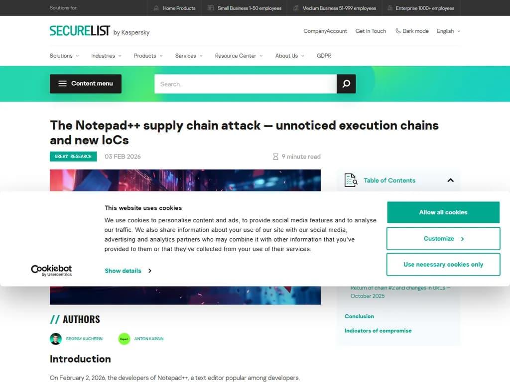 **Notepad++ サプライチェーン攻撃の概要**

- **初期侵入**
  - 正規アップデートパッケージに悪意あるコードが挿入される  
  - 悪用は改ざん済み GitHub リポジトリ経由で配信される

- **実行経路**
  - ユーザーが感染したインストーラをダウンロードし実行する  
  - インストーラは音声なしにバックドアコンポーネントをインストール

- **永続化メカニズム**
  - 悪意ある DLL を system32 に追加  
  - Windows レジストリにオートランエントリーを登録

- **コマンド＆コントロール (C&C)**
  - HTTPS 経由でステルスな C&C サーバへ通信  
  - 追加ペイロードと設定データを取得

- **情報漏洩**
  - クリップボード内容、ブラウザ履歴、認証情報を収集  
  - 暗号化されたパケットを攻撃者の IP に送信

- **防御回避**
  - プロセスインジェクションでアンチウイルス検知から隠蔽  
  - オブフュケーションと自己復号技術を使用

- **対策手順**
  1. ダウンロードしたファイルの SHA256 ハッシュを公式リリースと照合  
  2. 公式サイトまたは信頼できるパッケージマネージャからのみインストール  
  3. アンチウイルス署名を最新に保ち、完全システムスキャンを実施  
  4. 異常な外向き HTTPS 通信を監視  
  5. クリーン版がリリースされたら速やかに Notepad++ をパッチ適用

- **重要ポイント**
  - サプライチェーン攻撃は、広く信頼されているソフトウェアでも侵害可能  
  - 検証・監視・パッチ適用という多層防御が不可欠  
  - コミュニティの警戒と迅速な対応が被害を大幅に軽減する

---