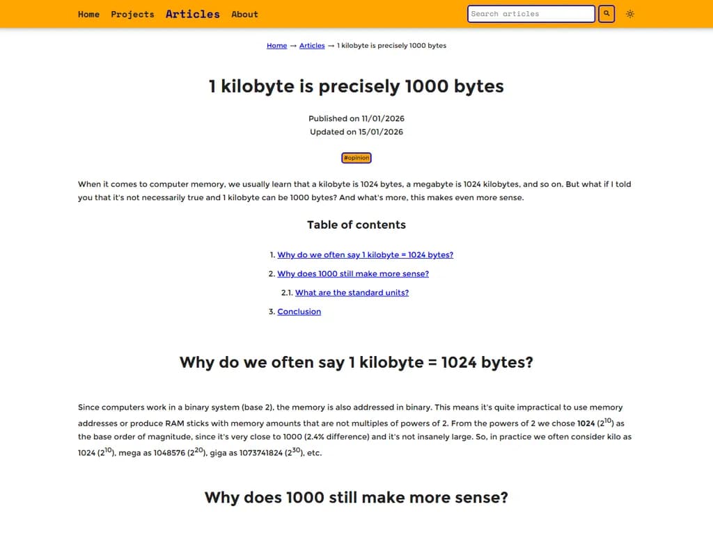 **答え**

国際単位系（SI）では、*キロバイト*（**kB**）は **正確に 1 000 バイト** と定義されています。

しかし、ほとんどのコンピュータ関連の文脈では「キロバイト」という用語が 2¹⁰ バイト＝**1 024 バイト** を指すことが多いです。これは二進プレフィックス（kibi‑, kibibyte – KiB）に由来しますが、歴史的に人々はそれをキロバイトと呼び続けてきました。

| プレフィックス | シンボル | バイト数 |
|----------------|----------|-----------|
| キロ (kilo)    | k        | 1 000     |
| キビ (kibi)    | ki       | 1 024     |

**結論**

- **SI 定義:** 1 kB = 1 000 バイト。  
- **一般的なコンピューティングの用法:** 多くの人（または一部のオペレーティングシステム）は、実際には 1 KiB（1 024 バイト）を「キロバイト」と呼びますが、正しい二進表現は *kibibyte* (KiB) です。