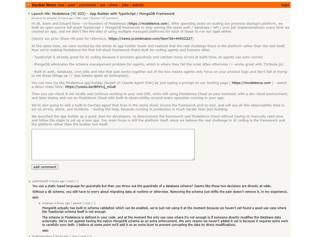 **Launch HN：Modelence（YC S25）― TypeScript／MongoDB フレームワーク搭載のアプリ作成ツール**