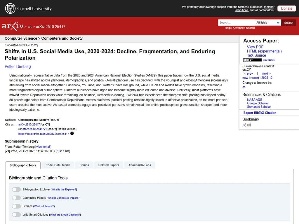 米国におけるソーシャルメディア利用の変化 2020–2024：減少・断片化・極化 (2025)