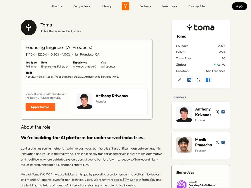 Toma（YC W24）は創業エンジニアの募集を行っています。