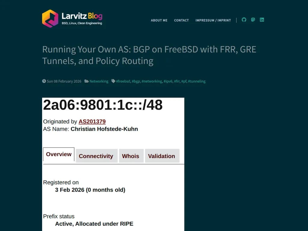 **ご自身のAS（自治システム）を運用する方法：FreeBSD 上で FRR を使い BGP、GRE トンネル、およびポリシールーティングを設定する**