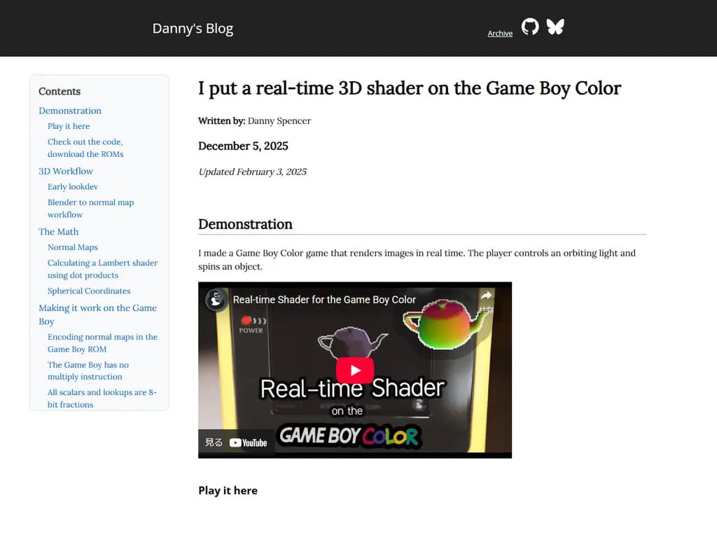 ゲームボーイカラーにリアルタイム3Dシェーダーを組み込みました。