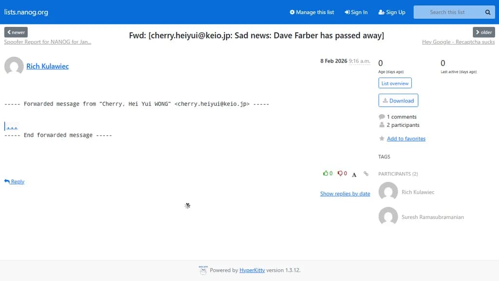 デイブ・ファーバー氏が亡くなられました。