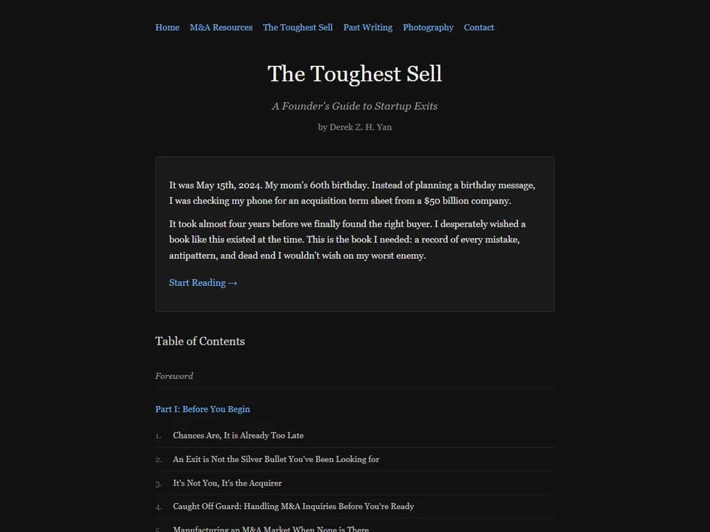 **Show HN：「私のスタートアップを売るまでに4年かかった – その経験を書いた本」**

- 著者は、スタートアップを立ち上げて最終的に売却するまでの旅が全体で4年間にわたったことを説明しています。  
- 重要なマイルストーン、直面した課題、そしてその期間を通じて得られた教訓について詳しく述べています。  
- これらの経験を記録するために本を書き、起業を目指す人々へ洞察を提供しています。