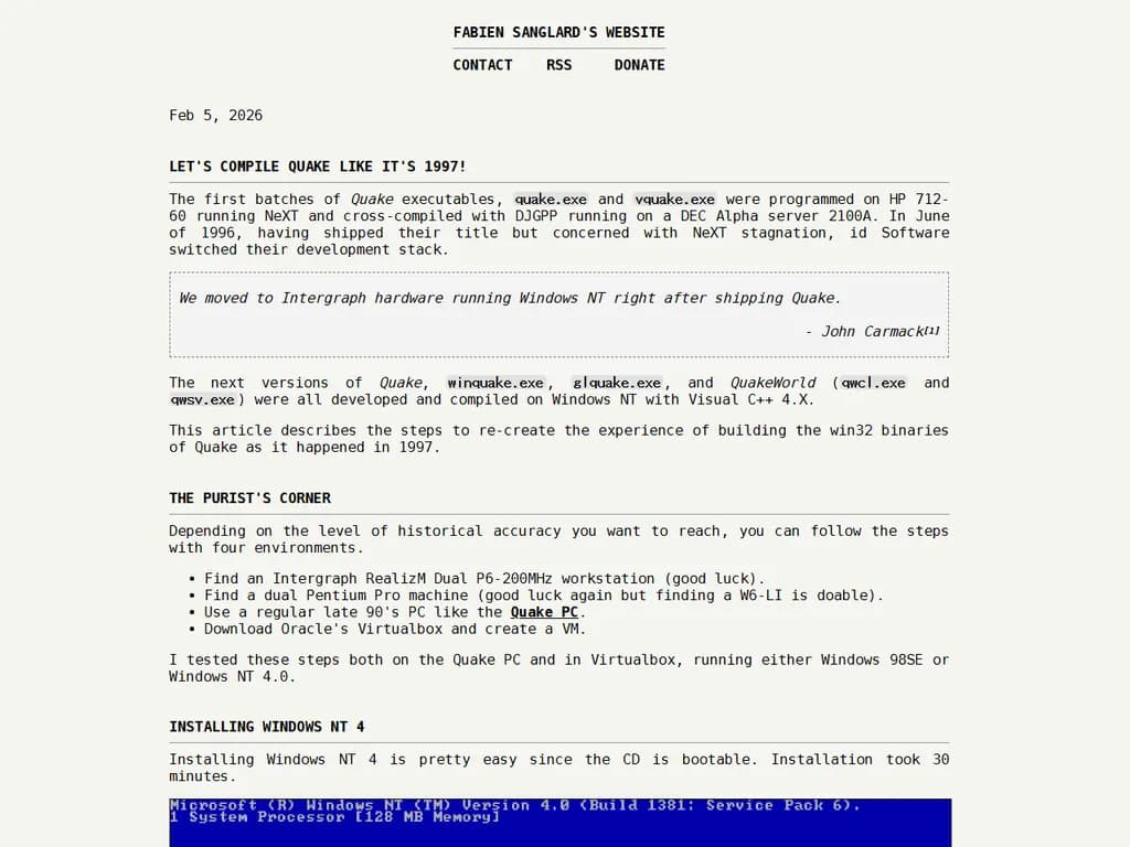 **Quake（1997年版）をコンパイルする手順**

1. **ソースの取得**  
   * アーカイブやミラーサイトから元の `quake-1.32` タールボールをダウンロードします。  
   * 端末で次のコマンドを実行して解凍します。  
     ```bash
     tar xzf quake-1.32.tar.gz
     ```

2. **環境構築**  
   * C コンパイラ（gcc、clang）と標準ライブラリをインストールしてください。  
   * 現代のシステムで 32‑bit ビルドを行う場合は `gcc-multilib` 等が必要になることがあります。

3. **ビルド設定**  
   ```bash
   cd quake-1.32/src
   make -f makefile.q2 linux
   ```
   * `makefile.q2` は元々の Makefile です。Unix ライクな環境を想定しています。  
   * ターゲット `linux` を指定するとエンジンとクライアントがコンパイルされます。

4. **コンパイル**  
   ```bash
   make
   ```
   * すべてのオブジェクトファイルが `quake`, `qcommon` 等に結合されます。  
   * 警告は古いコード由来であることが多いため、通常は無視して構いません。

5. **インストール（任意）**  
   ```bash
   sudo cp quake /usr/local/bin/
   sudo mkdir -p /usr/share/games/quake
   sudo cp *.pk3 /usr/share/games/quake/
   ```
   * 元の `pak0.pk4` とカスタムマップを同じディレクトリに置いてください。

6. **起動**  
   ```bash
   quake +set fs_basepath /usr/share/games/quake
   ```

---

### 補足

* 64‑bit システムを使用している場合は、Makefile の `CFLAGS` に `-m32` を追加し 32‑bit コンパイルを強制してください。  
* 元のコードでは非推奨関数が使われているため、現代コンパイラでビルドする際には厳格な警告を無効化（例：`CFLAGS += -Wno-deprecated`）する必要があります。  
* マルチプレイヤーを行う場合は、専用サーバを起動し `quake +set sv_hostname "MyServer"` でホスト名を設定してください。