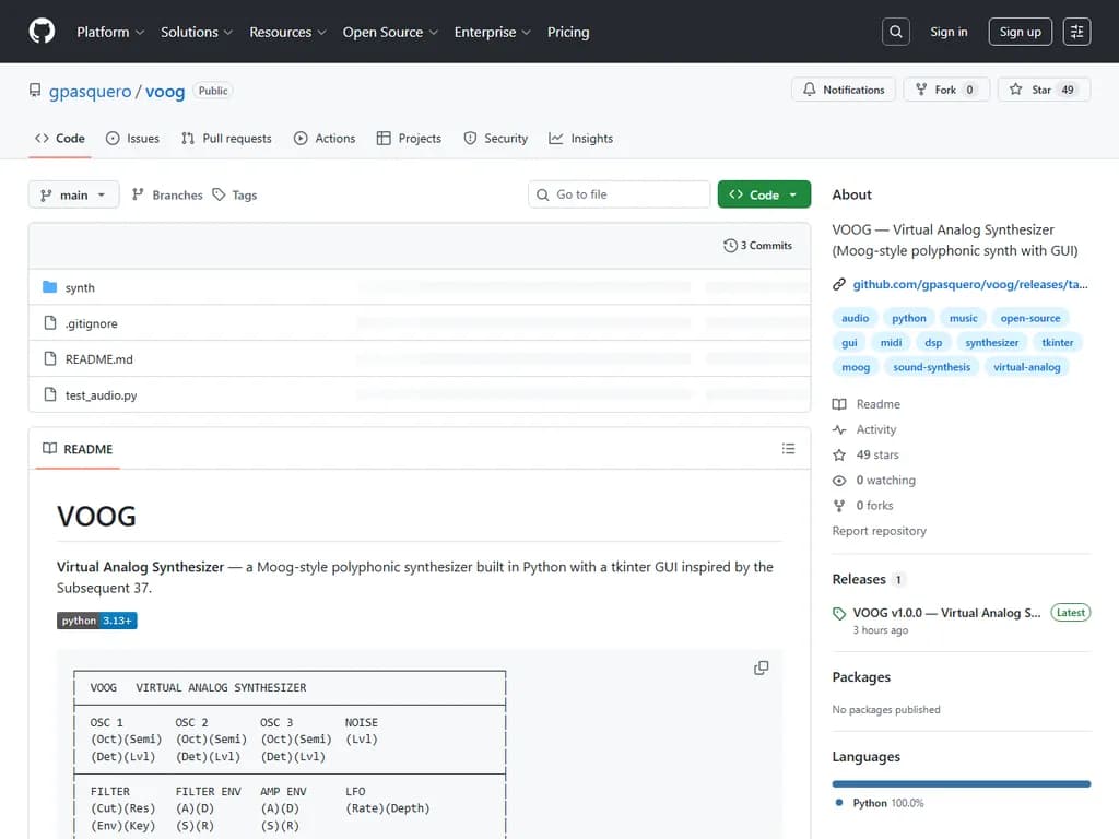 **Show HN:**  
VOOG ― Python で実装した Moog スタイルのポリフォニックシンセサイザー（Tkinter GUI付き）