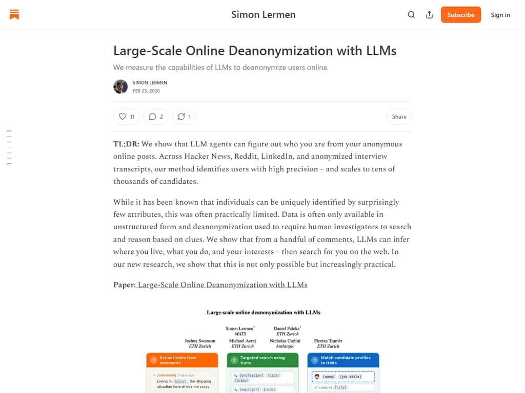 大規模オンライン匿名解除―LLM を活用した手法