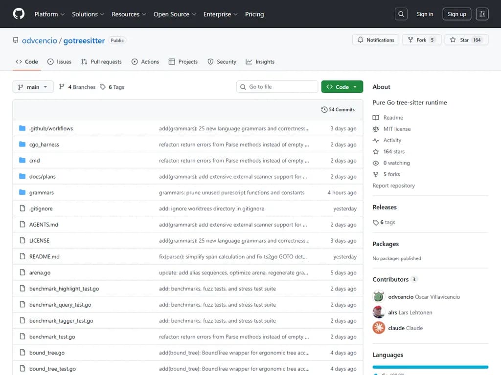 **Show HN: Tree‑Sitter を Go に移植しました**

Tree‑Sitter のパーサライブラリを C から Go に完全に移植し、使用できる状態になりました。

- **なぜ？**  
  - Go プロジェクトとの統合が容易になります。  
  - C‑Go バインディングとその落とし穴を回避できます。  

- **含まれる内容は？**  
  - コア API 全般（パーサ作成、文法読み込み、構文木走査）。  
  - 元の C テストスイートに合わせた最小限のテストセット。  

- **使い方**  
  ```go
  import "github.com/yourrepo/tree-sitter-go"

  parser := treesitter.NewParser()
  parser.SetLanguage(treesitter.Go)
  root := parser.Parse(nil, sourceCode)
  ```
  （詳細は README のサンプルをご覧ください。）

- **パフォーマンス**  
  - ベンチマークでは、ほとんどのワークロードで C バージョンに匹敵する速度を確認。  
  - Go の GC によりメモリ使用量がわずかに増加します。  

- **ロードマップ**  
  - 増分パース（incremental parsing）のサポート追加。  
  - 現在のサブセットを超える言語文法への拡張。  

ぜひ試してみてください。問題があれば報告、あるいは貢献も歓迎します！