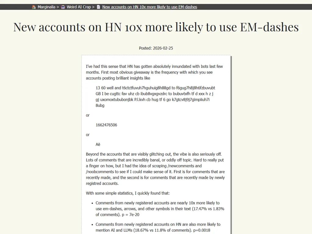 HN（ハッカーナンバー）では、新しいアカウントの方が em‑ダッシュを使用する傾向があります。