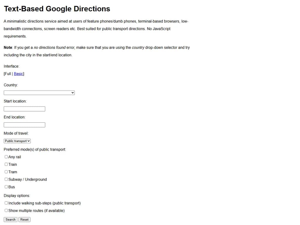 **テキストベースのGoogle Directions**  
(文字情報のみで利用できる Google の道順)