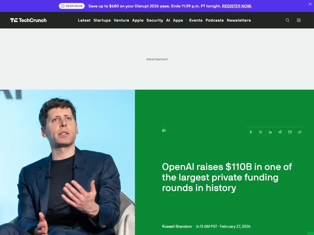 **OpenAI、$730 B のプレマネー評価で 1,10 億ドルを調達**