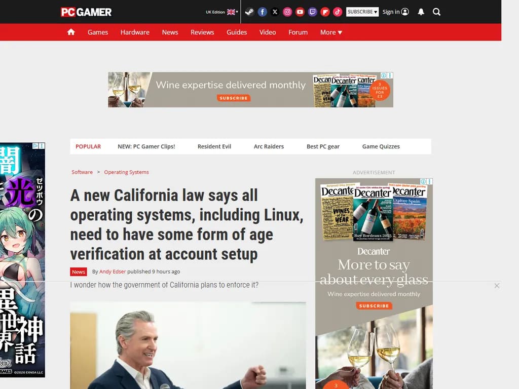 **カリフォルニア州の新たなオペレーティングシステム法**

- すべてのオペレーティングシステムは、年齢確認機能を実装しなければならない。