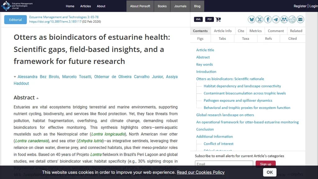 **カワウソが河口域の健康を示すバイオインジケーターとして**

* カワウソは水質や生息環境の変化に非常に敏感です。  
* 彼らの存在は健全な河口域エコシステムを示しています。  
* カワウソ個体数の減少は、汚染・生息地喪失または食物網の変化を警告することが多いです。

重要ポイント：  
- **指標種**：全体的なエコシステムの健康状態を反映します。  
- **監視メリット**：費用対効果が高く、非侵襲的に評価できるツールです。  
- **保全への影響**：カワウソを守ることは、広範な海洋生物多様性の保護につながります。