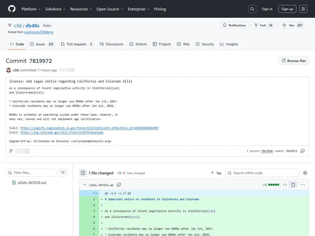 **問題概要**

オープンソースの計算機ファームウェア「DB48X」は、現在の実装ではサポートされていない*年齢確認*ステップが必要なため、`CA`と`CO`コマンドの使用を禁止しています。