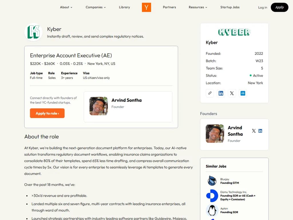 Kyber（YC W23）は、エンタープライズ アカウント エグゼクティブの募集を行っています。