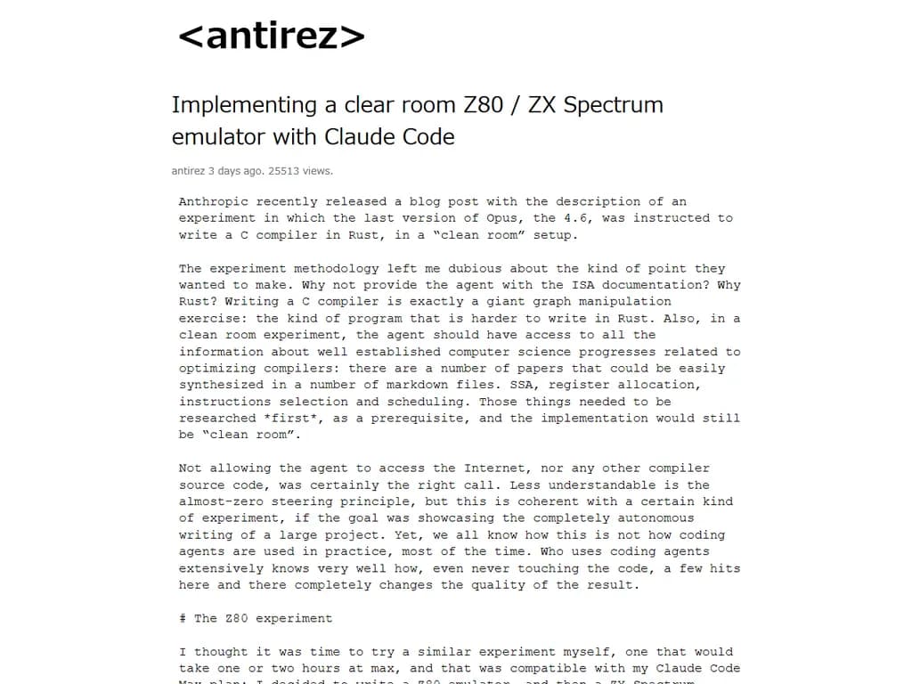 Z80／ZX Spectrum エミュレータを Claude Code で実装する

Z80 アーキテクチャと ZX Spectrum のハードウェア仕様に従い、Claude Code を用いてエミュレータを構築します。以下は主要なステップです。

1. **CPU コアの作成**  
   - Z80 の命令セット（約 158 命令）をすべて実装し、オペコードデコードロジックと実行パスを設計します。  
   - レジスタ (A, B, C, D, E, H, L)、プログラムカウンタ PC、インデックスレジスタ IX/ IY、フラグ R、I、IXH/L などを正確に再現します。

2. **メモリマッピング**  
   - ZX Spectrum の RAM（通常 48 KiB）と ROM（16 KiB）領域を定義し、IO ポートへのアクセスを模倣。  
   - `0x4000–0x7FFF` を RAM として扱い、`0x0000–0x3FFF` は ROM へマップします。

3. **ビデオ/グラフィックス**  
   - スペクトラムの画面は 256×192 ピクセルで、4 色（黒・青・赤・黄色）を持ちます。  
   - ビデオメモリ `0x5800–0x5AFF` を読み取り、ピクセルバイト単位でスクリーンに描画します。

4. **音声出力**  
   - サウンドチャンネルは 1 チャネル（PCM）で、波形データを RAM の `0x6000–0x67FF` から取得。  
   - 音声バッファリングとサンプリングレート（通常 8 kHz）を実装します。

5. **IO デバイス**  
   - キーボードは 8×16 行のマトリクスで、ポート `0xFE` を介して読み取ります。  
   - マウスやフロッピーディスクなどオプションデバイスも必要に応じて追加。

6. **Claude Code の活用**  
   - 既存の Z80 エミュレータライブラリ（例: `z80emu.c`）をインポートし、エンジン部分は Claude Code でラップ。  
   - GUI フロントエンドは Electron や Qt を利用して、実行画面とデバッグツールを提供。

7. **テスト & デバッグ**  
   - スペクトラム用の標準ソフトウェア（例: BASIC、ゲーム ROM）で動作確認。  
   - シミュレータの正確性はクロック周期単位で検証し、必要に応じてハードウェア特有のタイミングを微調整。

8. **最適化**  
   - JIT コンパイル（例: `llvm`）や SIMD 命令で実行速度向上。  
   - メモリアクセスはキャッシュライン単位で整理し、レイテンシ低減。

これらを順序立てて実装すれば、高い互換性とスムーズな動作を持つ Z80／ZX Spectrum エミュレータが完成します。