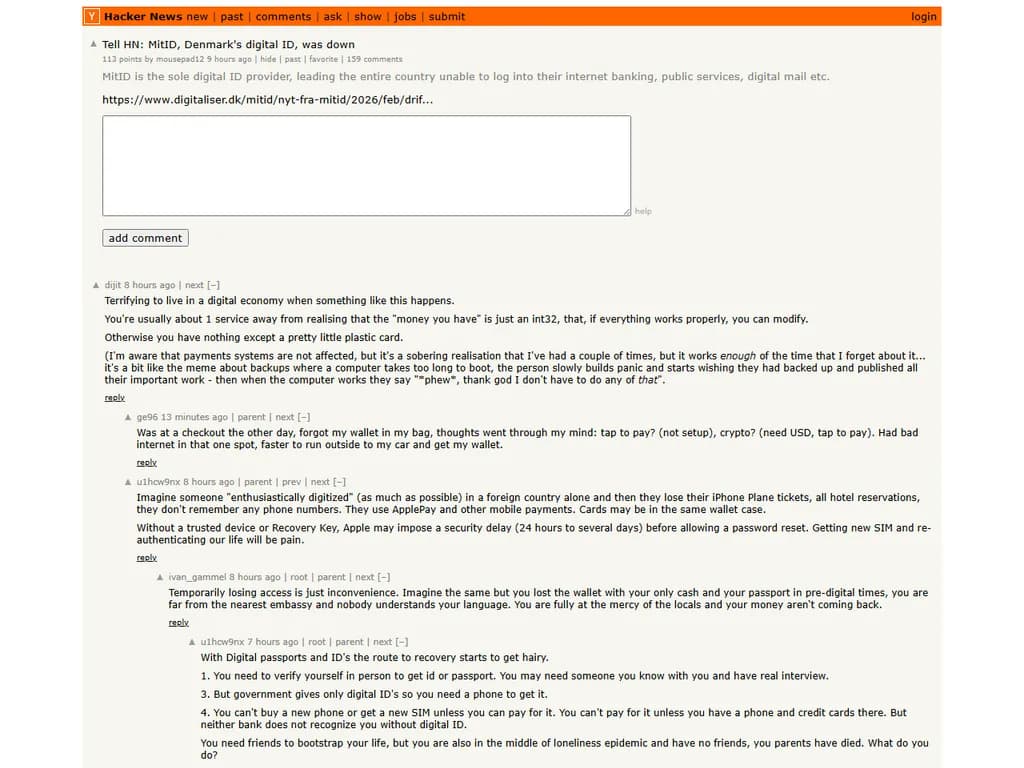HNへお知らせください：デンマークのデジタルID MitID がダウンしていました。