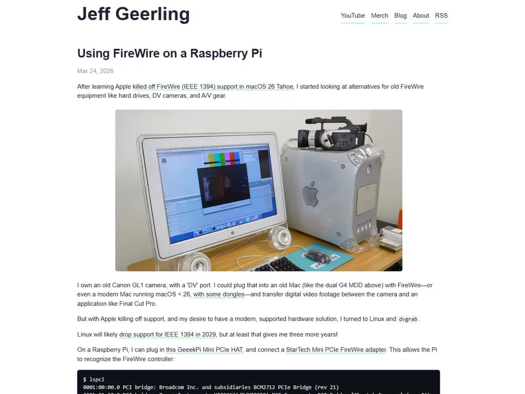 ## ラズベリーパイでFireWire（IEEE 1394）を利用する

ラズベリーパイの多くはデフォルトではFireWireに対応していませんが、外部ハードウェアとソフトウェアを組み合わせることで追加できます。

1. **ハードウェア要件**  
   - *USB‑to‑FireWire アダプタ*（例：IOGEAR GBA4000）  
   - 任意で：GPIOまたはCSI/DSIインターフェースに差し込む専用 FireWire コントローラボード

2. **アダプタを接続**  
   1. USB側を Pi の空きUSBポートへ差し込みます。  
   2. FireWire 側を外部ハードディスクやカメラなどのデバイスに接続します。

3. **必要パッケージをインストール**  
   ```bash
   sudo apt update
   sudo apt install linux-modules-extra-raspi-kernel libfirewire1 libiec61883-0 firewire-tools
   ```

4. **FireWire カーネルモジュールをロード**  
   ```bash
   sudo modprobe ohci-hcd
   sudo modprobe ehci-hcd
   ```

5. **検出確認**  
   - USB デバイス一覧：`lsusb`（FireWire アダプタが表示されるか）  
   - FireWire インターフェース：`dmesg | grep firewire`  
   - `firewire-dump` でトラフィックを確認、または `mount /dev/fw0` でデバイスをマウント

6. **FireWire ディスクのマウント**  
   ```bash
   sudo mkdir /mnt/firewire
   sudo mount /dev/sda1 /mnt/firewire
   ```

7. **起動時自動化（任意）**  
   `/etc/fstab` に追加：
   ```
   /dev/sda1  /mnt/firewire  auto  defaults  0  0
   ```

8. **トラブルシューティング**  
   - アダプタが外部電源を必要とする場合は必ず電源供給してください。  
   - `dmesg` に「ohci-hcd: no host controller found」のようなエラーが出ていないか確認。  
   - 一部アダプタはファームウェアが必要です。`sudo apt install linux-firmware` でインストールします。

9. **パフォーマンスに関する注意**  
   - USB‑to‑FireWire ブリッジではスループットが約30 Mbps（USB 2.0）までしか向上しません。  
   - 本格的な FireWire 速度を求める場合は、互換ボードの PCIe コントローラを使用してください。

---

### クイックチェックリスト

- [ ] USB‑to‑FireWire アダプタが接続されている  
- [ ] パッケージ（`linux-modules-extra`, `firewire-tools` など）がインストール済み  
- [ ] カーネルモジュール (`ohci-hcd`, `ehci-hcd`) がロード済み  
- [ ] デバイスが検出されている (`lsusb`, `dmesg`)  
- [ ] `/dev/fw*` を通じてマウントまたはアクセス可能  

これらの手順に従えば、ラズベリーパイで FireWire を動作させることができます。