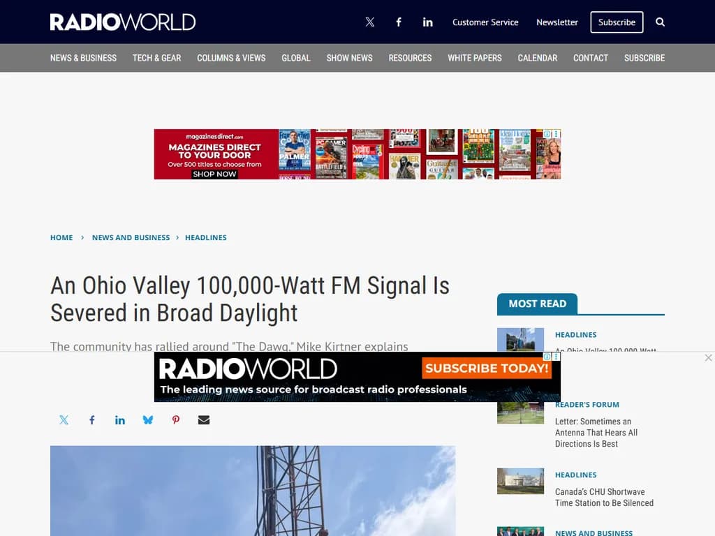 オハイオバレーの100キロワットFM信号が、真昼間に切断された
