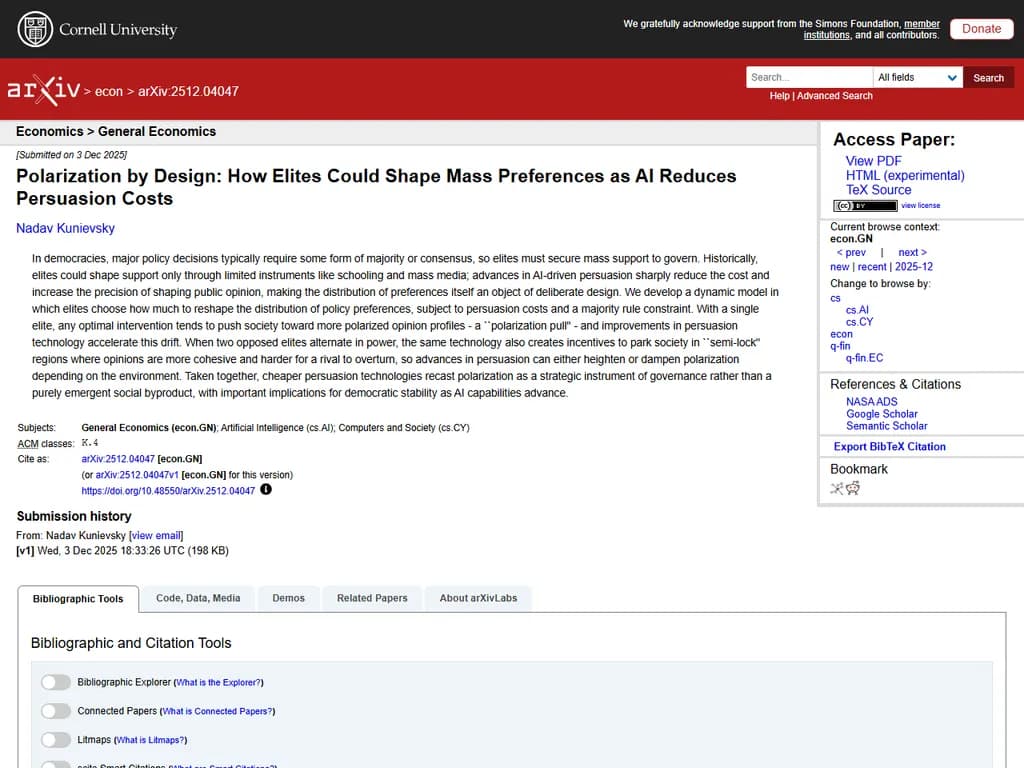 Elites Could Shape Mass Preferences as AI Reduces Persuasion Costs