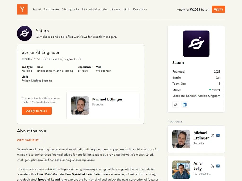 Saturn (YC S24) Is Hiring Senior AI Engineer