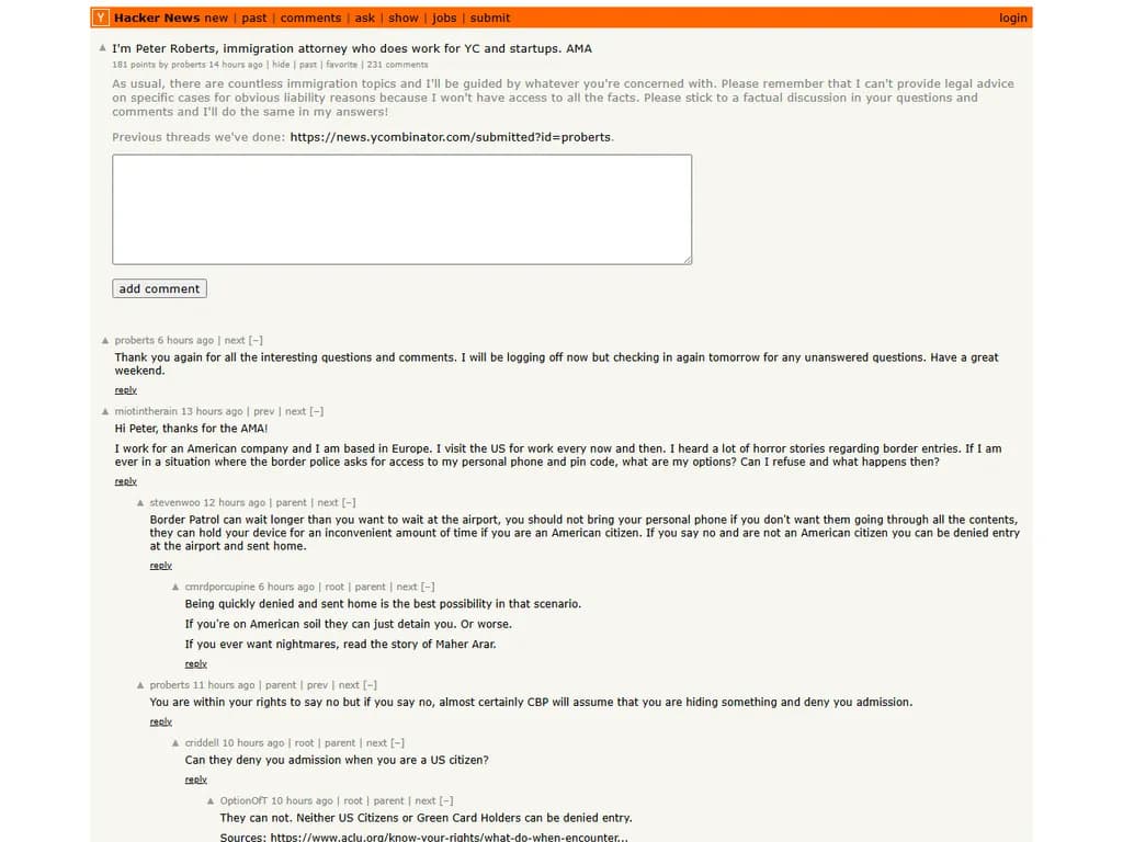 I'm Peter Roberts, immigration attorney who does work for YC and startups. AMA