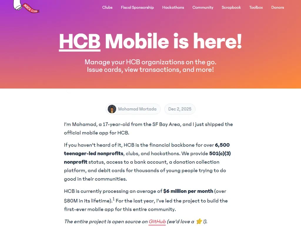 Show HN: HCB Mobile – financial app built by 17 y/o, processing $6M/month