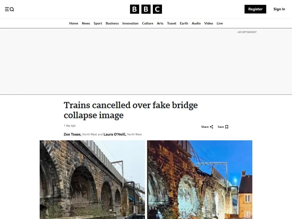 Trains cancelled over fake bridge collapse image