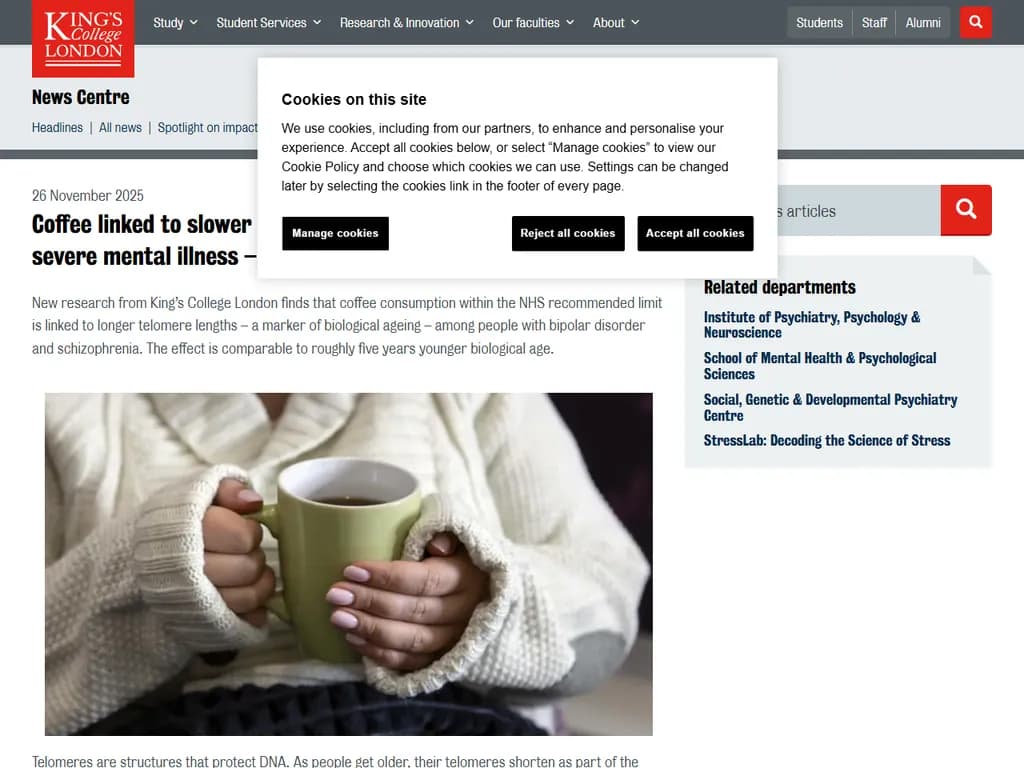 Coffee linked to slower biological ageing among those with severe mental illness